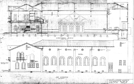 A blueprint showing the north side elevation of the San Jose Woman's Club's historic clubhouse