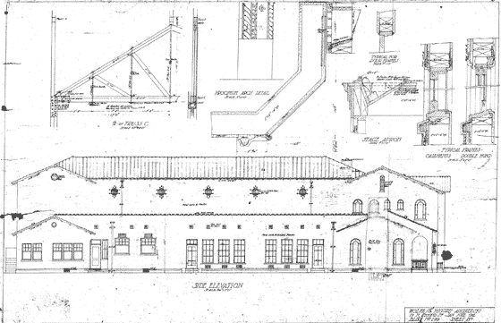 A blueprint showing the south side elevation of the San Jose Woman's Club's historic clubhouse