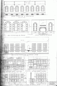 A blueprint showing the interior of the San Jose Woman's Club's historic clubhouse tea room and fireside room