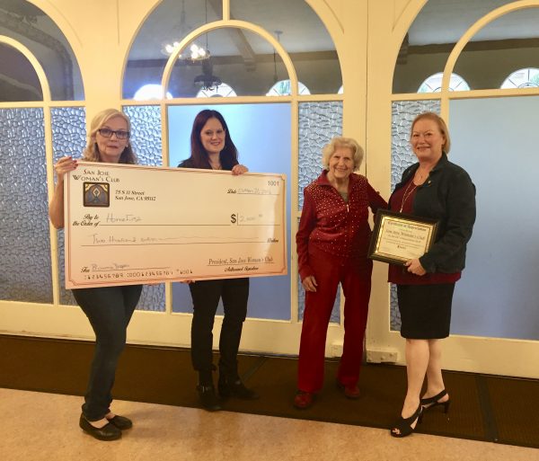 San Jose Woman's Club presents HomeFirst with a charitable donation from our Bloomie Dropper party