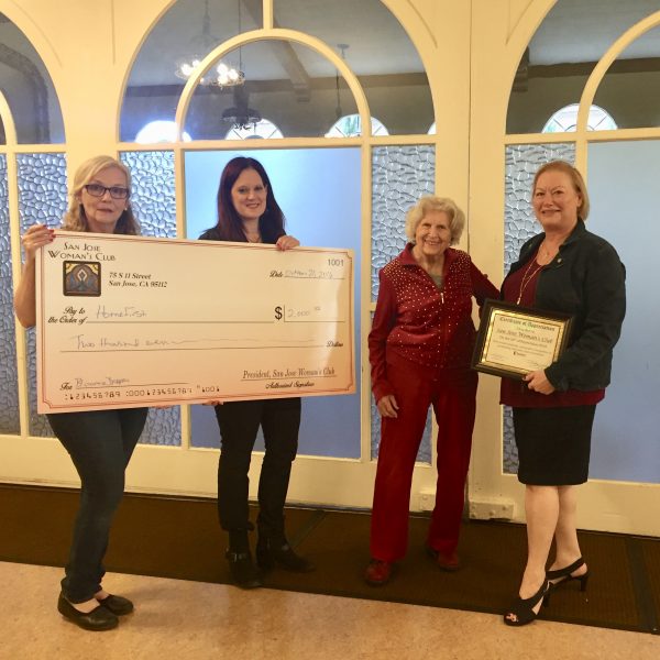 San Jose Woman's Club presents HomeFirst with a charitable donation from our Bloomie Dropper party