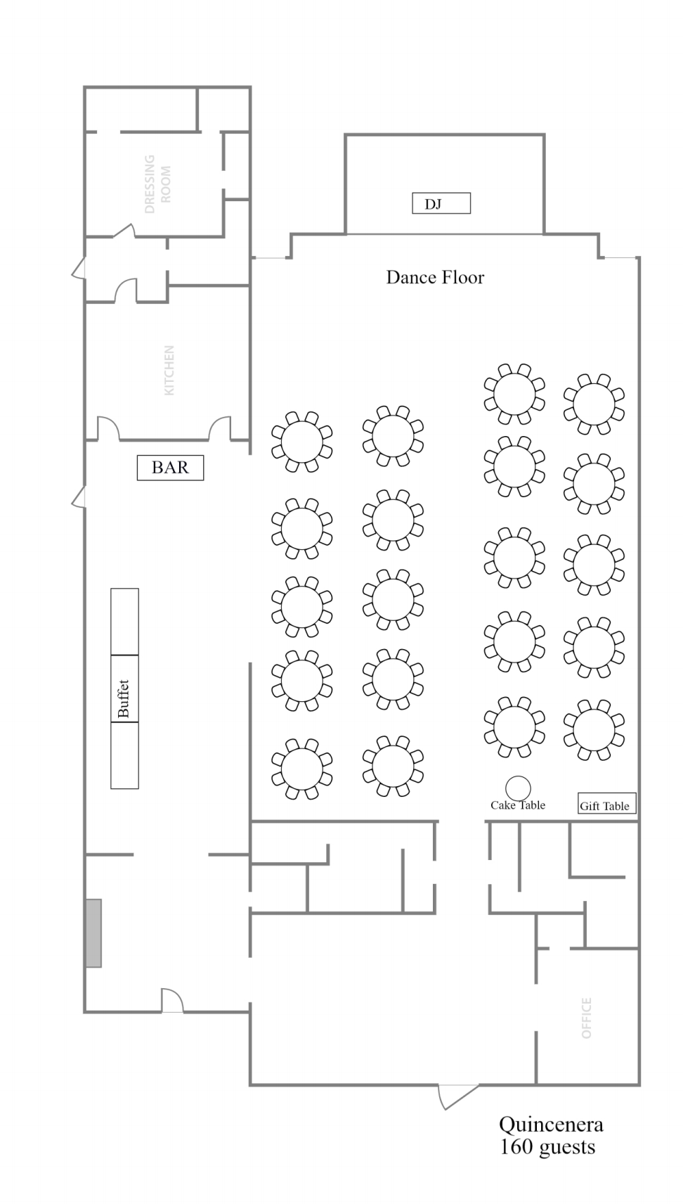 A sample layout for a quinceañera for 160 guests