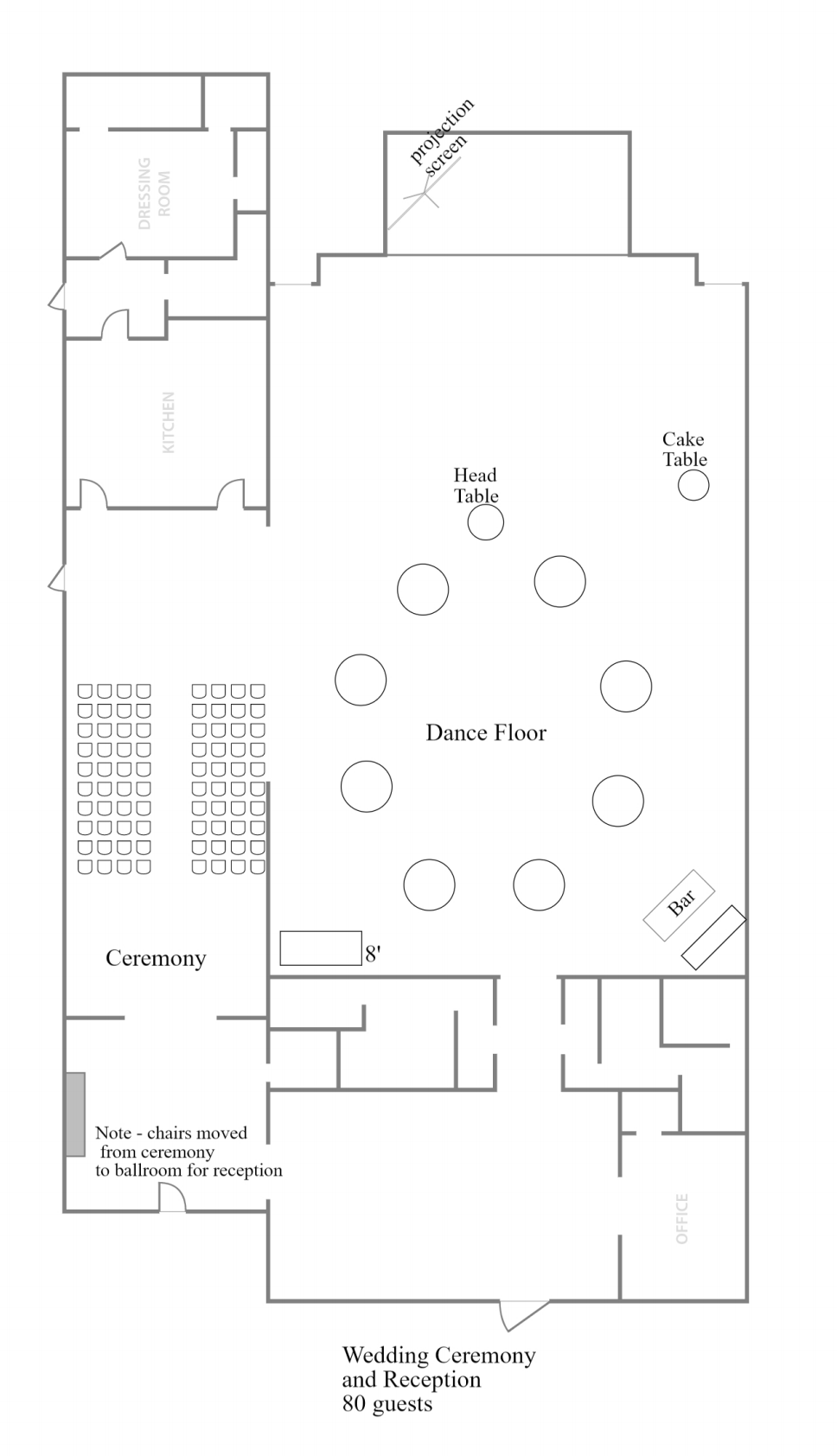 A sample layout for a wedding ceremony and reception for 80 guests