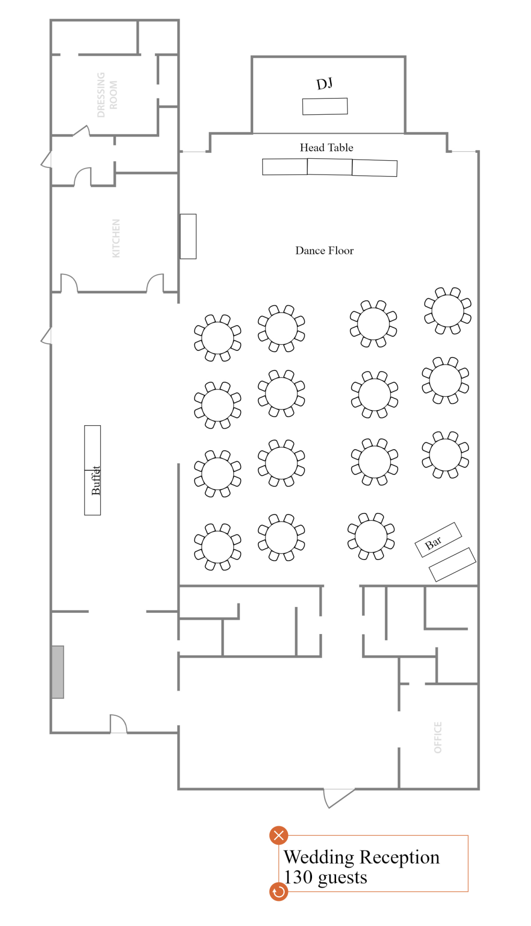 A sample layout for a wedding reception for 130 guests