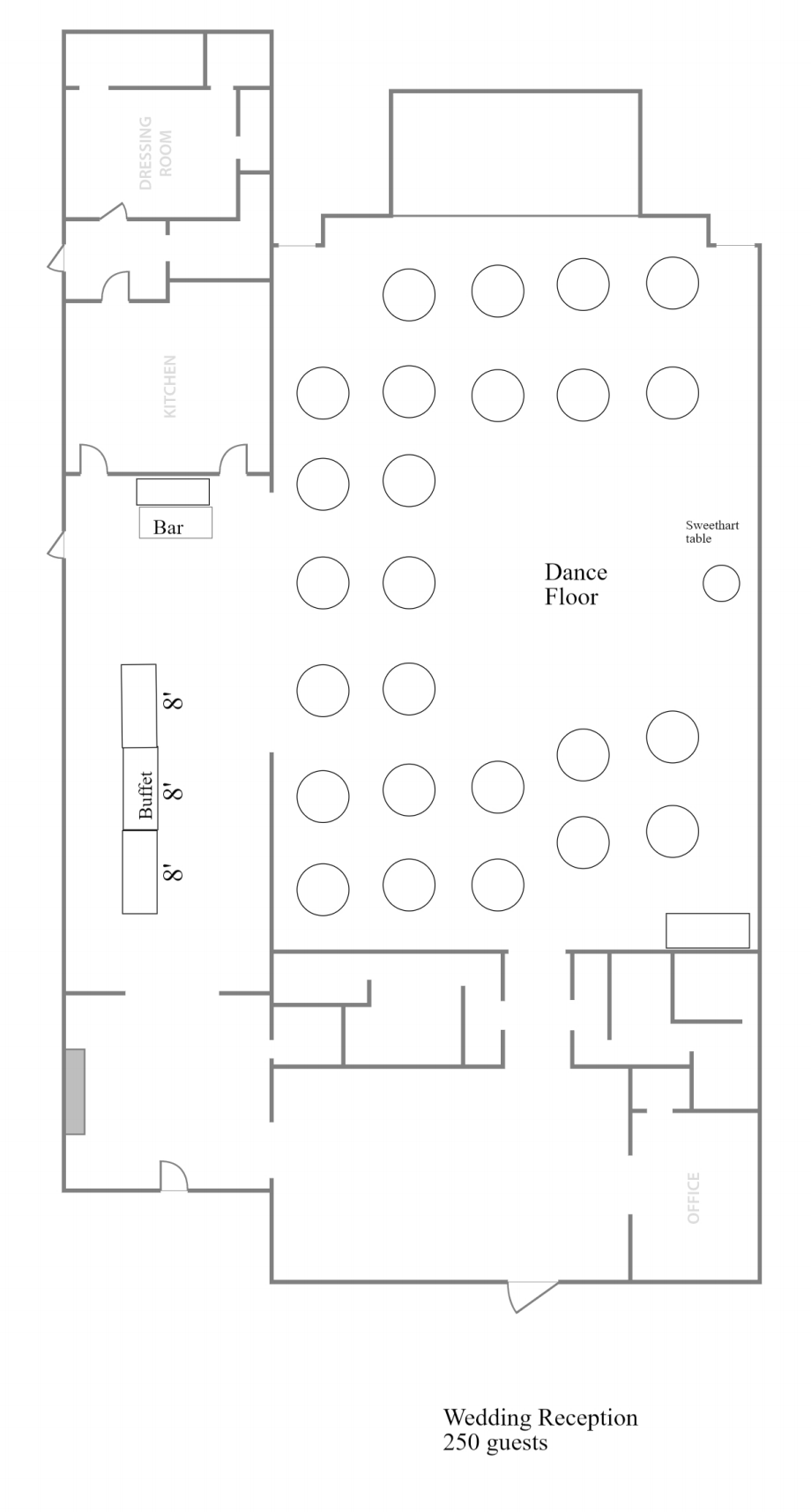 A sample layout for a wedding reception for 250 guests